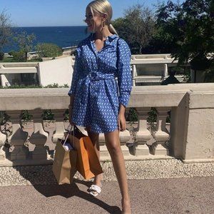 ZARA PRINTED SHIRT DRESS WITH BELT BLUE Sz-L
